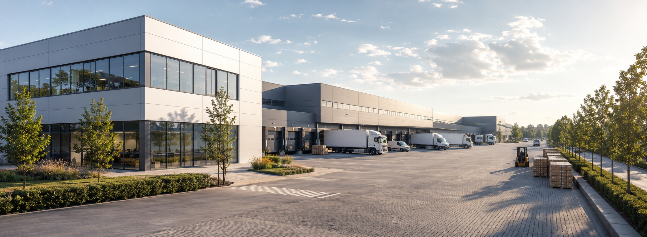 Logistikzentrum mit Containern und Lkw